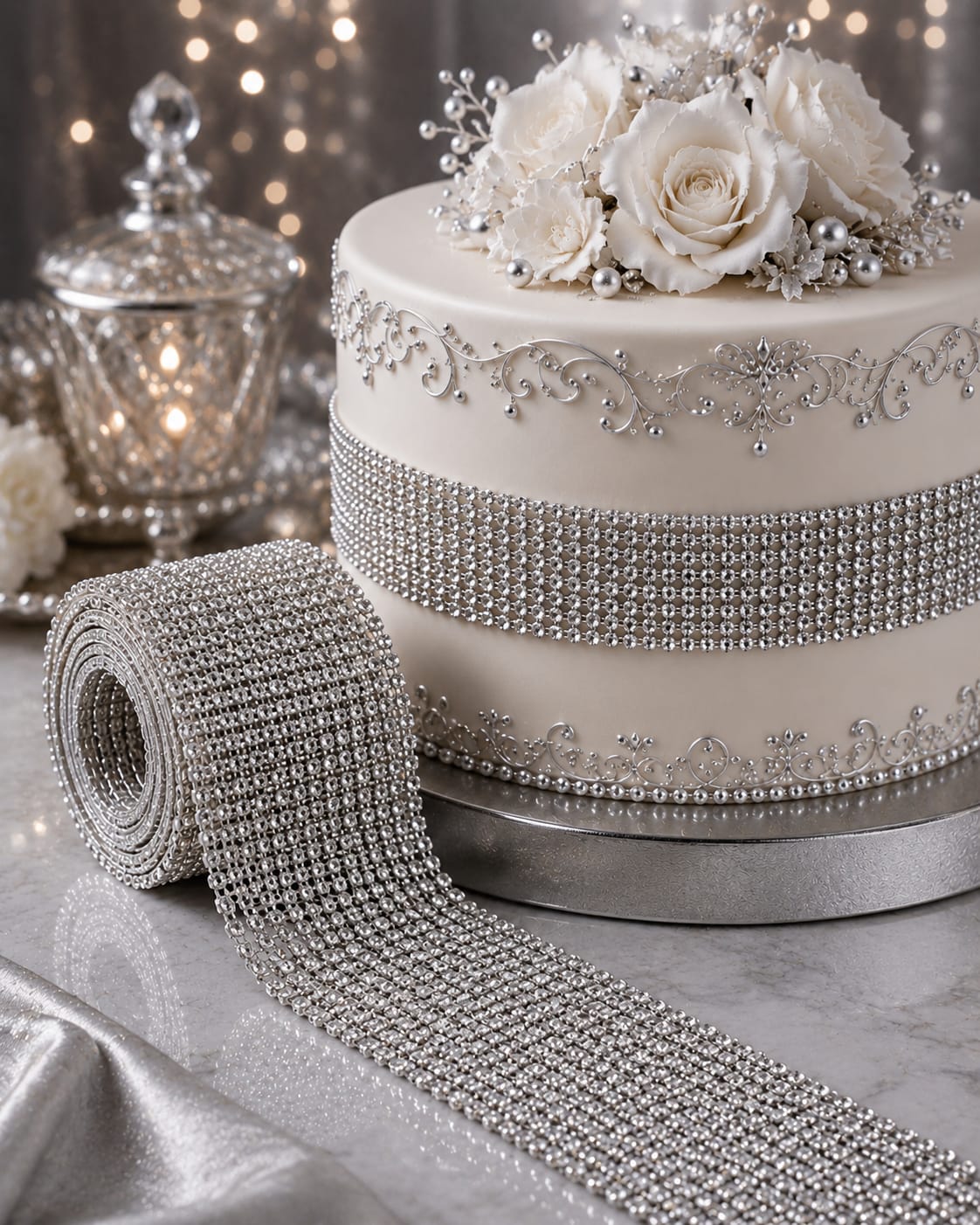 SILVER RHINESTONE MESH RIBBON (8.5 METER)